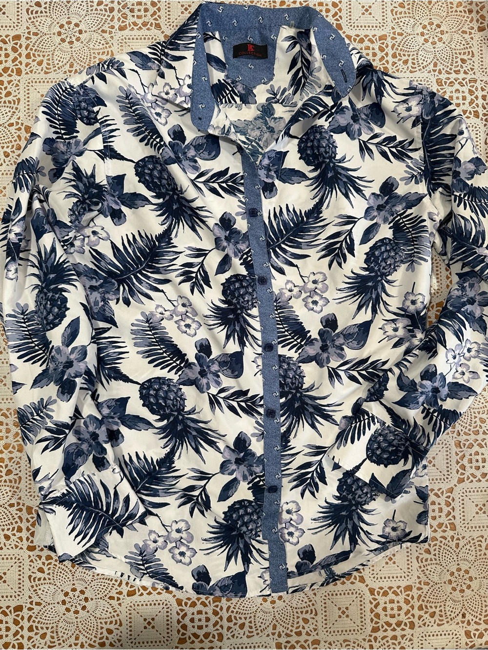 BC Collection Pineapple Floral Button Front Blouse Women’s Medium Tropical